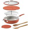 image:imageTramontina Vue AllinOne Plus Pan Set 5Quart Ceramic Non Stick Cooking Pan with Glass Lid Steamer Insert Beechwood Utensils Splatter Screen Pot Holder GreenOrange