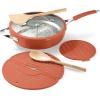 image:imageTramontina Vue AllinOne Plus Pan Set 5Quart Ceramic Non Stick Cooking Pan with Glass Lid Steamer Insert Beechwood Utensils Splatter Screen Pot Holder GreenOrange