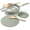 image:imageTramontina Vue AllinOne Plus Pan Set 5Quart Ceramic Non Stick Cooking Pan with Glass Lid Steamer Insert Beechwood Utensils Splatter Screen Pot Holder GreenGreen