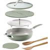 image:imageTramontina Vue AllinOne Plus Pan Set 5Quart Ceramic Non Stick Cooking Pan with Glass Lid Steamer Insert Beechwood Utensils Splatter Screen Pot Holder GreenGreen