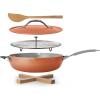 image:imageTramontina Vue AllinOne Plus Pan Set 5Quart Ceramic Non Stick Cooking Pan with Glass Lid Steamer Insert Beechwood Utensils Splatter Screen Pot Holder GreenOrange
