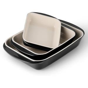 image:imageTramontina Mae 3Piece Ceramic Porcelain Baking Pans Set Non Stick Casserole Dishes for Oven Rectangular Bakeware for Lasagna Cakes and Loafs BlackBlack