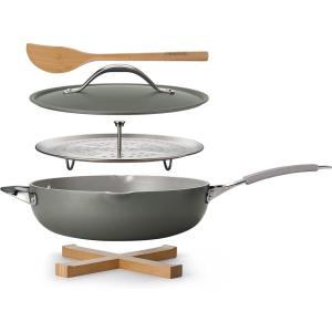 image:imageTramontina Vue AllinOne Plus Pan Set 5Quart Ceramic Non Stick Cooking Pan with Glass Lid Steamer Insert Beechwood Utensils Splatter Screen Pot Holder GreenGray