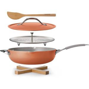 image:imageTramontina Vue AllinOne Plus Pan Set 5Quart Ceramic Non Stick Cooking Pan with Glass Lid Steamer Insert Beechwood Utensils Splatter Screen Pot Holder GreenOrange