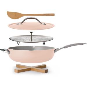 image:imageTramontina Vue AllinOne Plus Pan Set 5Quart Ceramic Non Stick Cooking Pan with Glass Lid Steamer Insert Beechwood Utensils Splatter Screen Pot Holder GreenPink