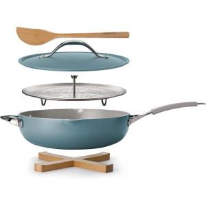 image:imageTramontina Vue AllinOne Plus Pan Set 5Quart Ceramic Non Stick Cooking Pan with Glass Lid Steamer Insert Beechwood Utensils Splatter Screen Pot Holder GreenBlue