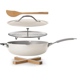image:imageTramontina Vue AllinOne Plus Pan Set 5Quart Ceramic Non Stick Cooking Pan with Glass Lid Steamer Insert Beechwood Utensils Splatter Screen Pot Holder GreenWhite
