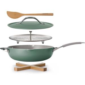 image:imageTramontina Vue AllinOne Plus Pan Set 5Quart Ceramic Non Stick Cooking Pan with Glass Lid Steamer Insert Beechwood Utensils Splatter Screen Pot Holder GreenGreen