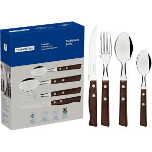 image:imageTramontina Cutlery Set with Steak Knives 24 Piece Sharp Knife Forks Teaspoons Tablespoons with Wooden Handles Camping Kitchen Rustic 22299050