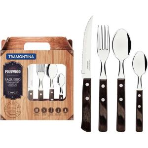 image:imageTramontina Cutlery Set with Steak Knives 24 Piece Sharp Knife Forks Teaspoons Tablespoons with Wooden Handles Camping Kitchen Rustic Dishwasher Safe 21199905