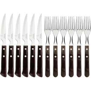 image:imageTramontina Churrasco Premium Steak Knife Fork Set 12 Piece with Brown Wooden HandlesSingle